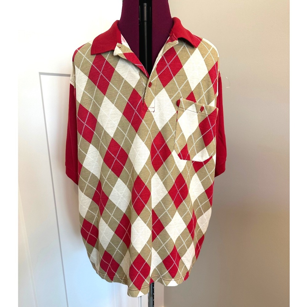 Haband Mens Argyle Polo Shirt Red Tan White Short Sleeve Pocket Size XX/Retro